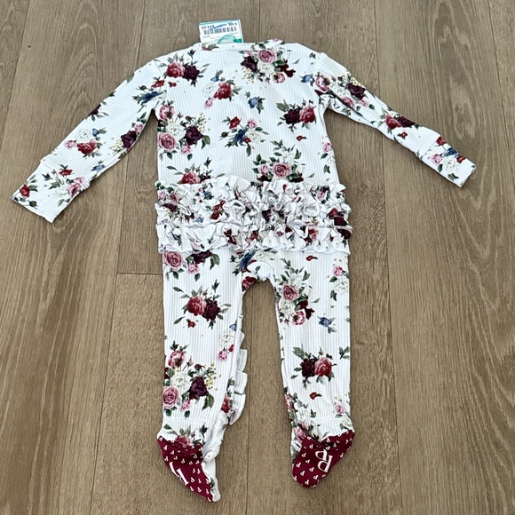 Posh Peanut Floral Ruffle Zip One-Piece - White with Pink & Burgundy Floral - Picture 2 of 4